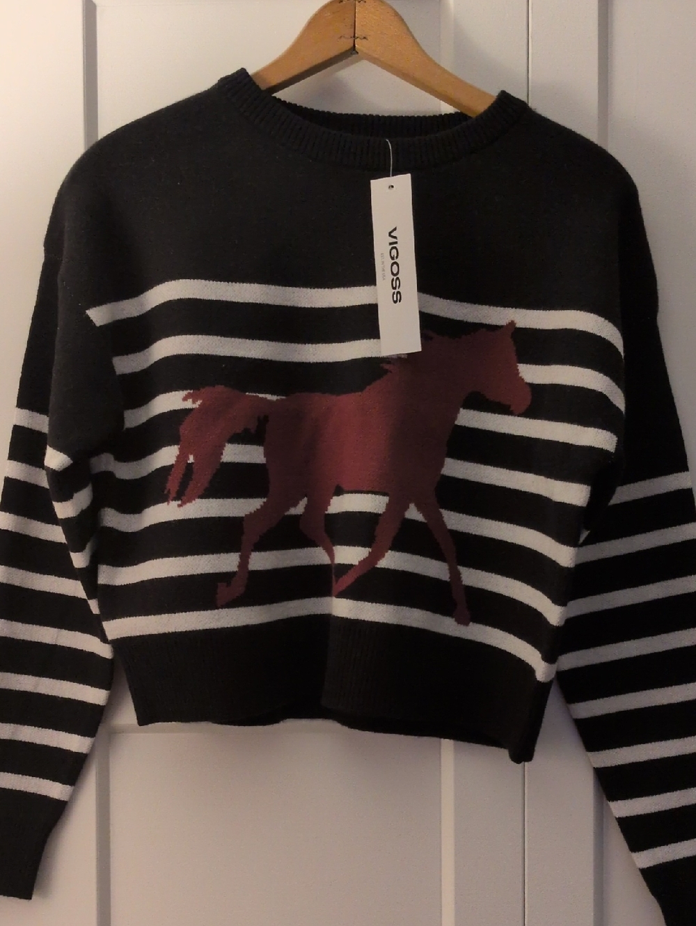Vigoss Black & White Striped Crewneck Sweater with Burgundy Horse